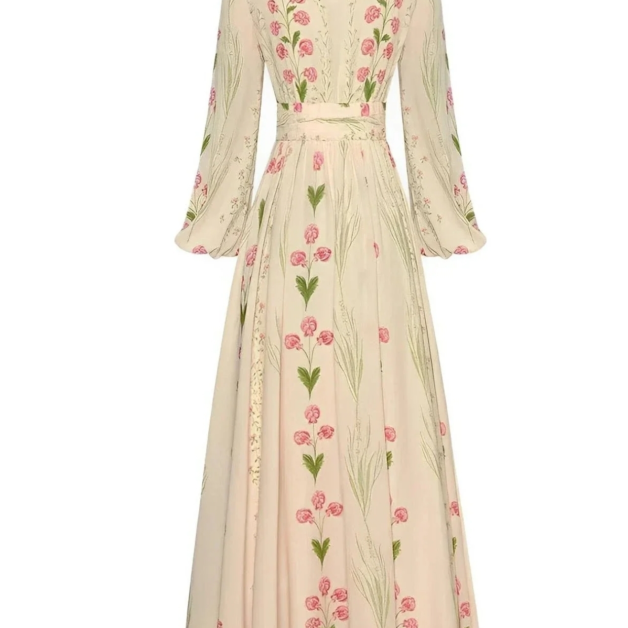 Cream Pink Floral Gown With Bishop Sleeves
